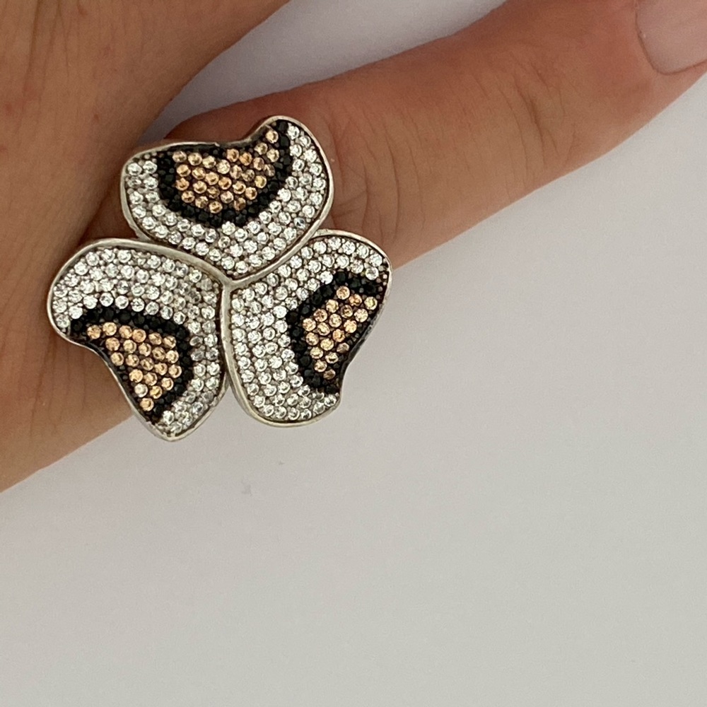 925 Silver clover flower ring cheetah cz stones